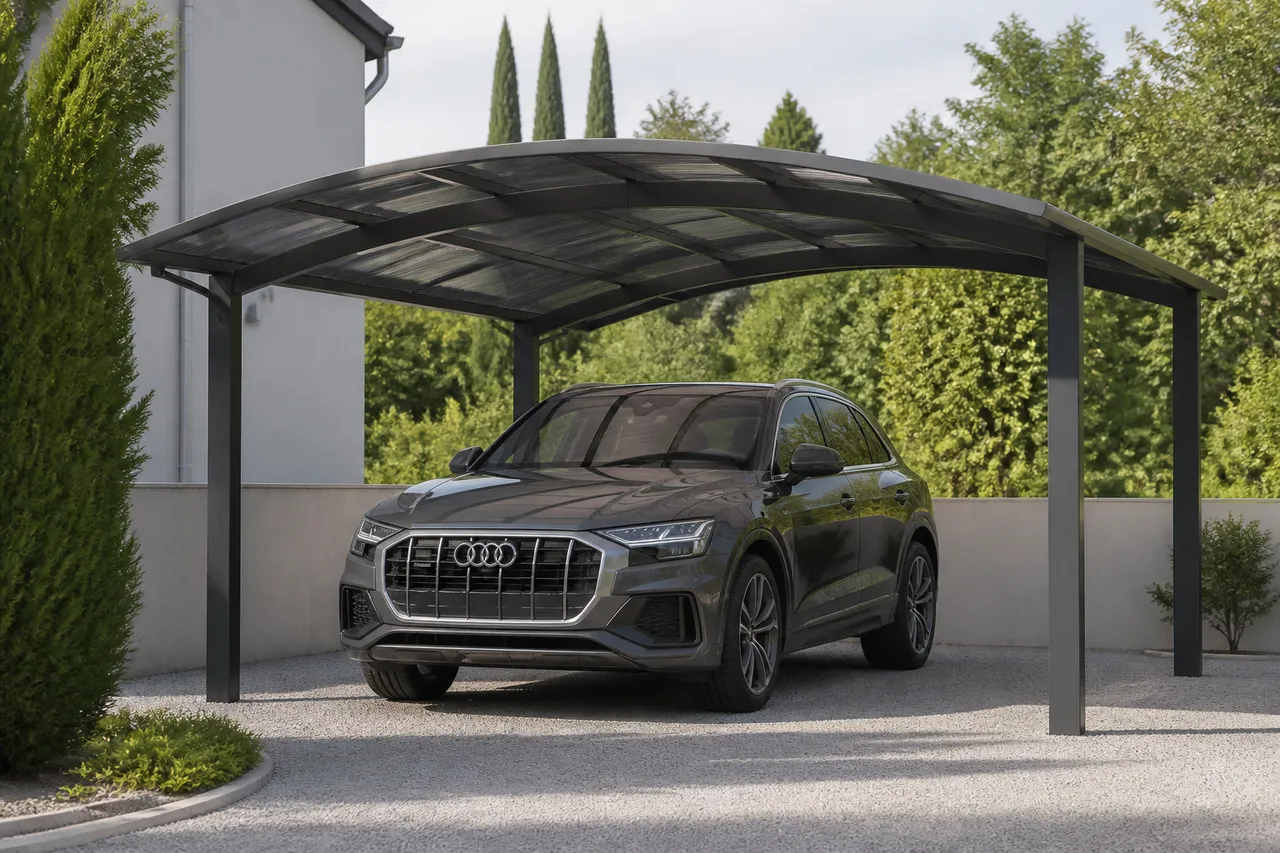 Abri voiture carport autoporté dans une allée