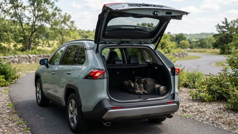 Coffre du RAV4 hybride ouvert montrant la capacité de rangement