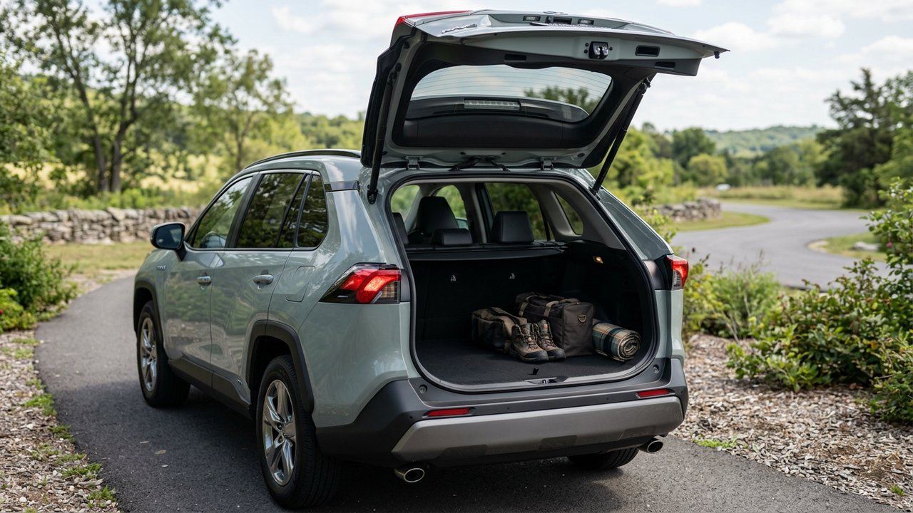 Coffre du RAV4 hybride ouvert montrant la capacité de rangement
