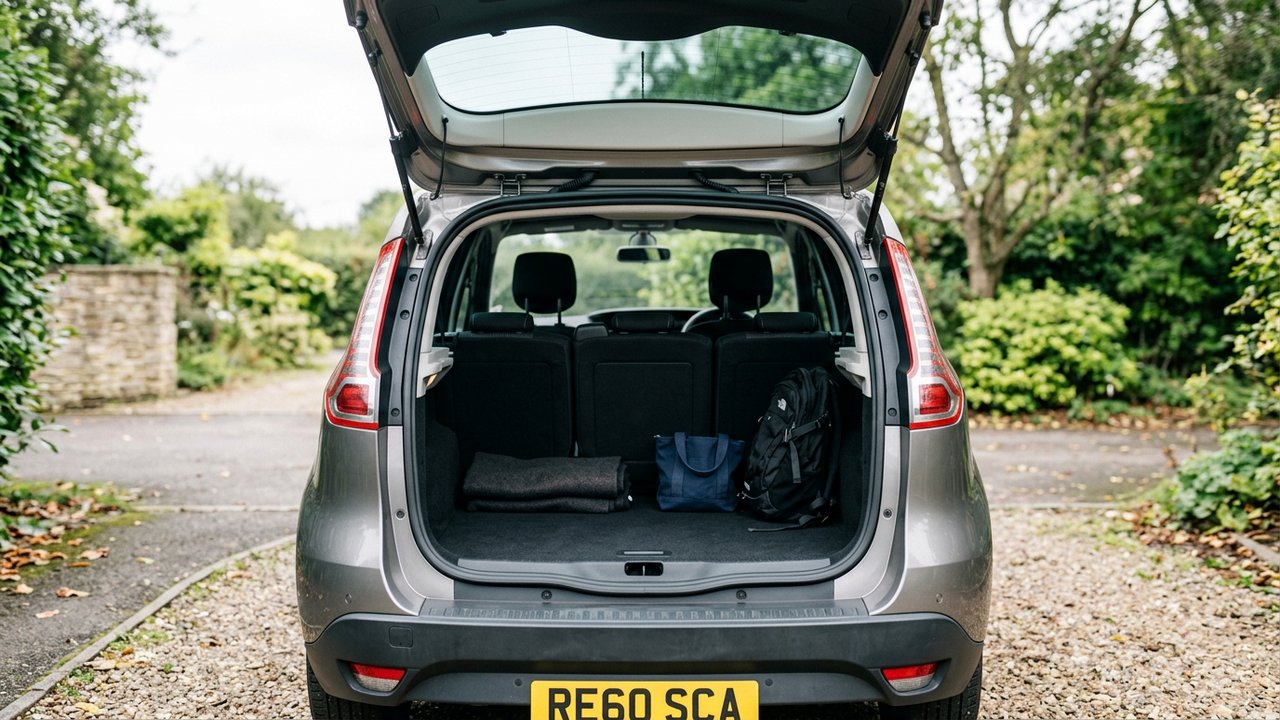 Coffre ouvert du Renault Scenic 3 montrant l'espace de chargement