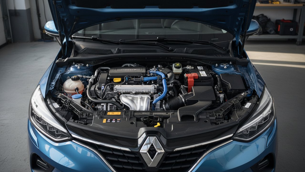 Moteur 1.6 E-Tech hybride de la Clio 5 en vue rapprochée