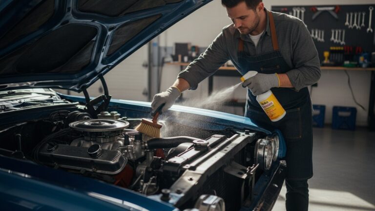 Nettoyage du moteur d'une voiture avec produit dégraissant