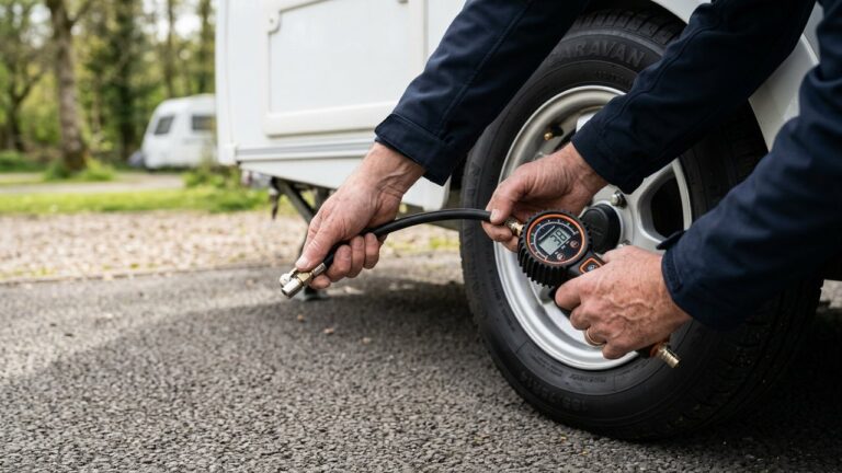 Vérification de la pression d'un pneu de caravane au manomètre