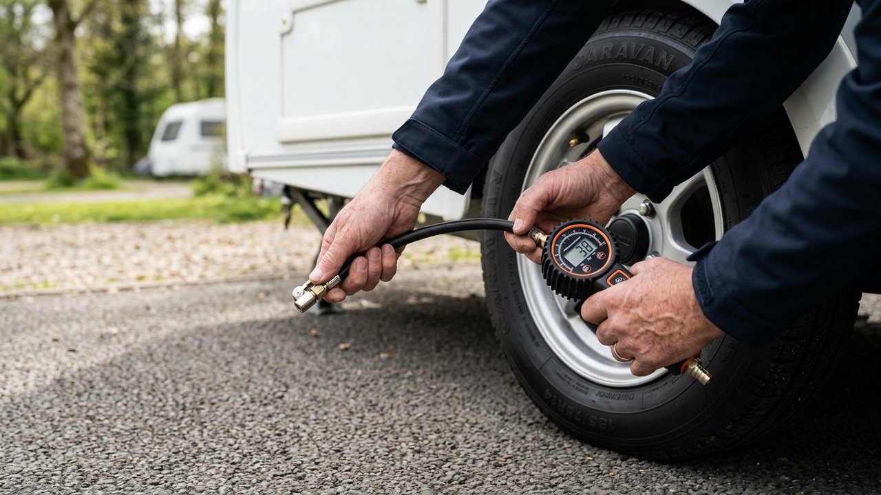 Vérification de la pression d'un pneu de caravane au manomètre