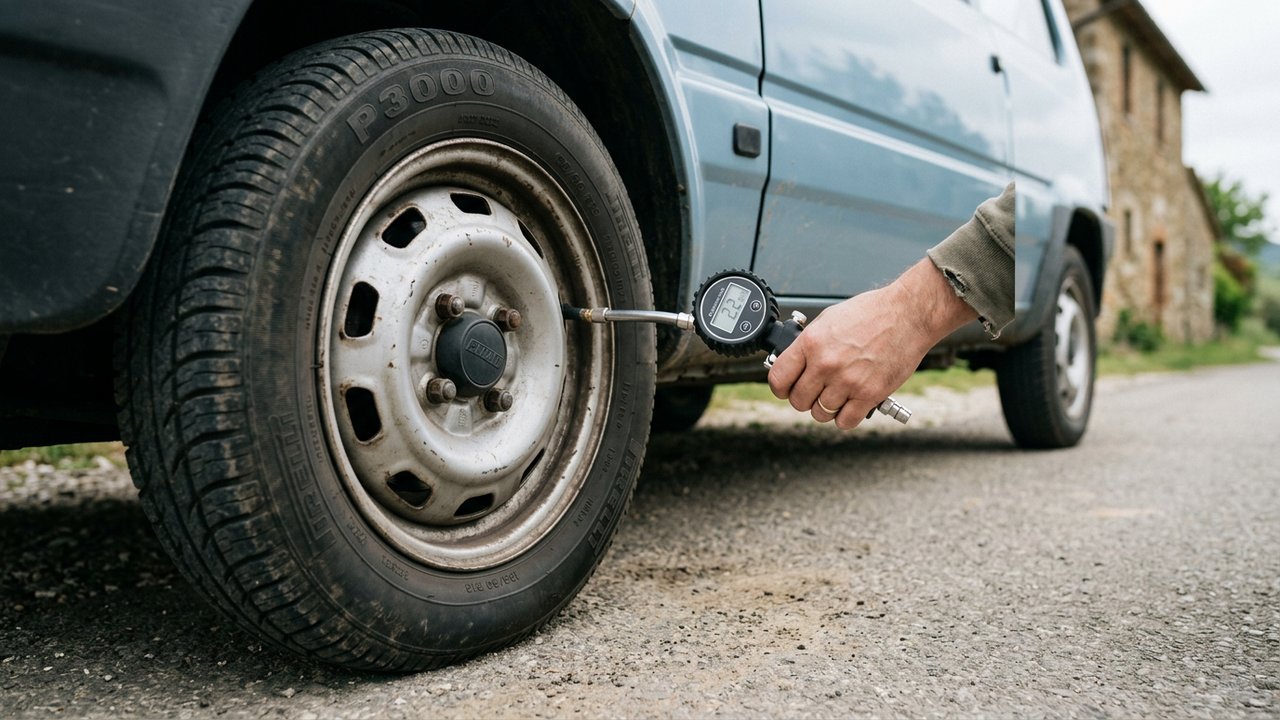 Mesure de la pression des pneus d'une Fiat Panda avec un manomètre