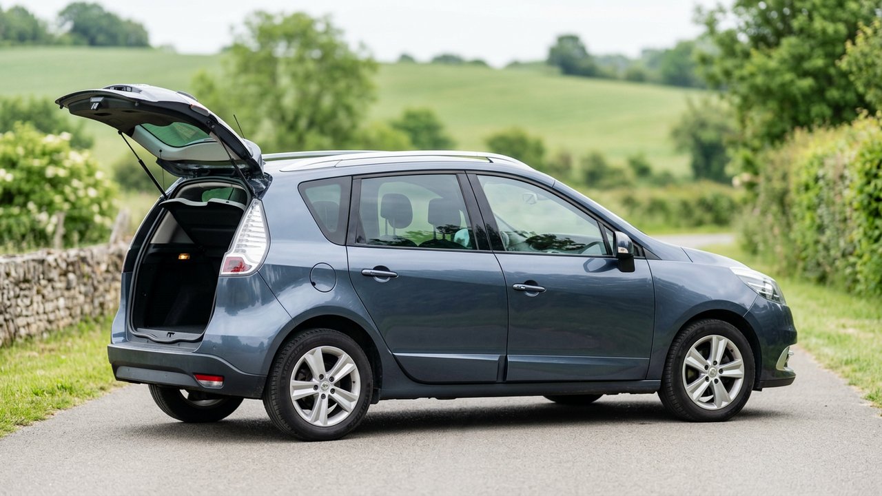 Vue latérale du Renault Scenic 3 avec le coffre ouvert