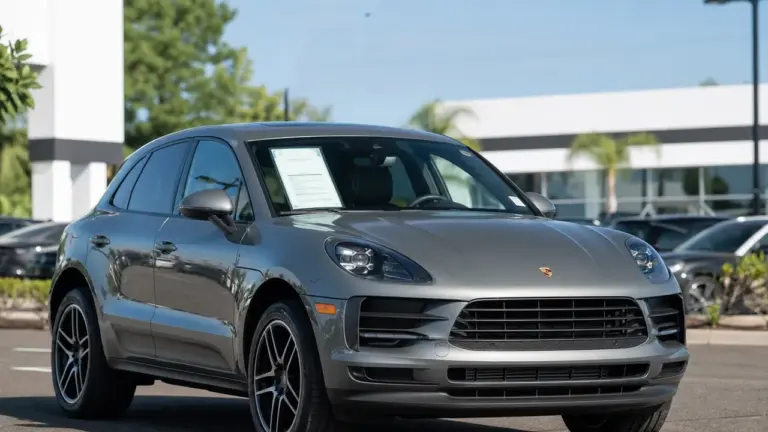 Porsche Macan d'occasion sur un parc auto avec panneau à vendre